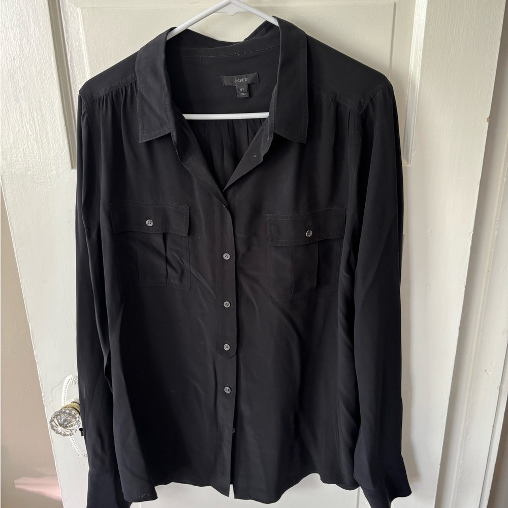 J. Crew Black 100% Silk Button Down Shirt Classic Style